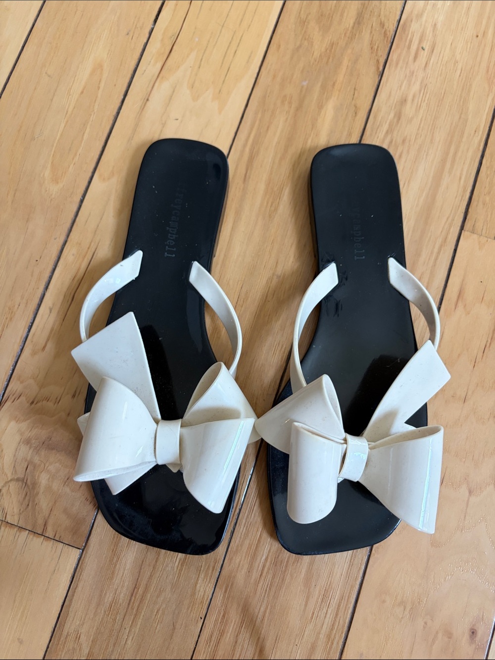 Jeffrey Campbell White Bow Slide Sandals with Black Footbed